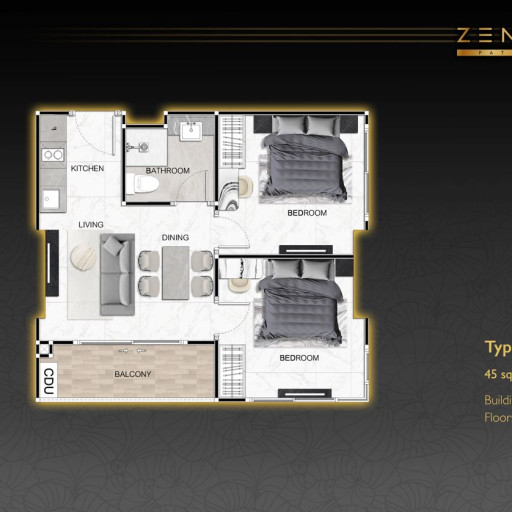 Zenith Pattaya, 2 Bedroom - 45 m²