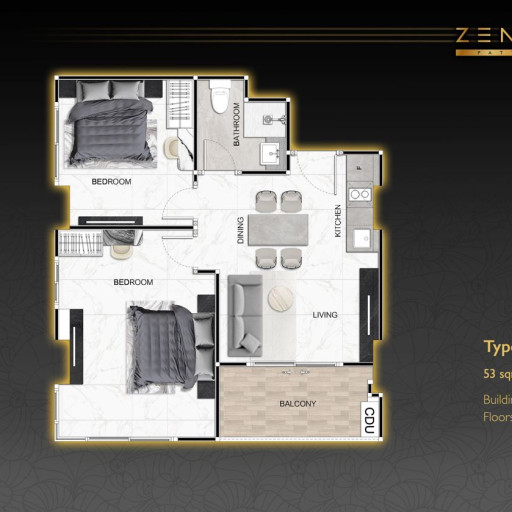 Zenith Pattaya, 2 Bedroom - 53 m²