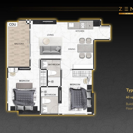 Zenith Pattaya, 2 Bedroom - 60 m²