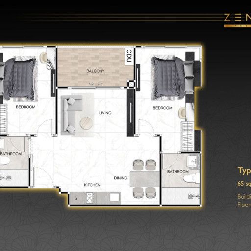 Zenith Pattaya, 2 Bedroom - 65 m²